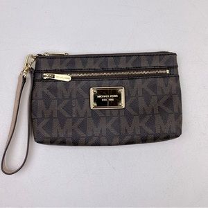 Michael Kors Logo Wristlet Brown Gold Zip